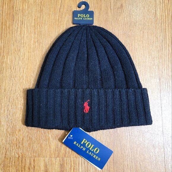 Polo Ralph Lauren Unisex Merino Cuffed Beanie Hat Pony Logo Black Red Wool New - Picture 1 of 6